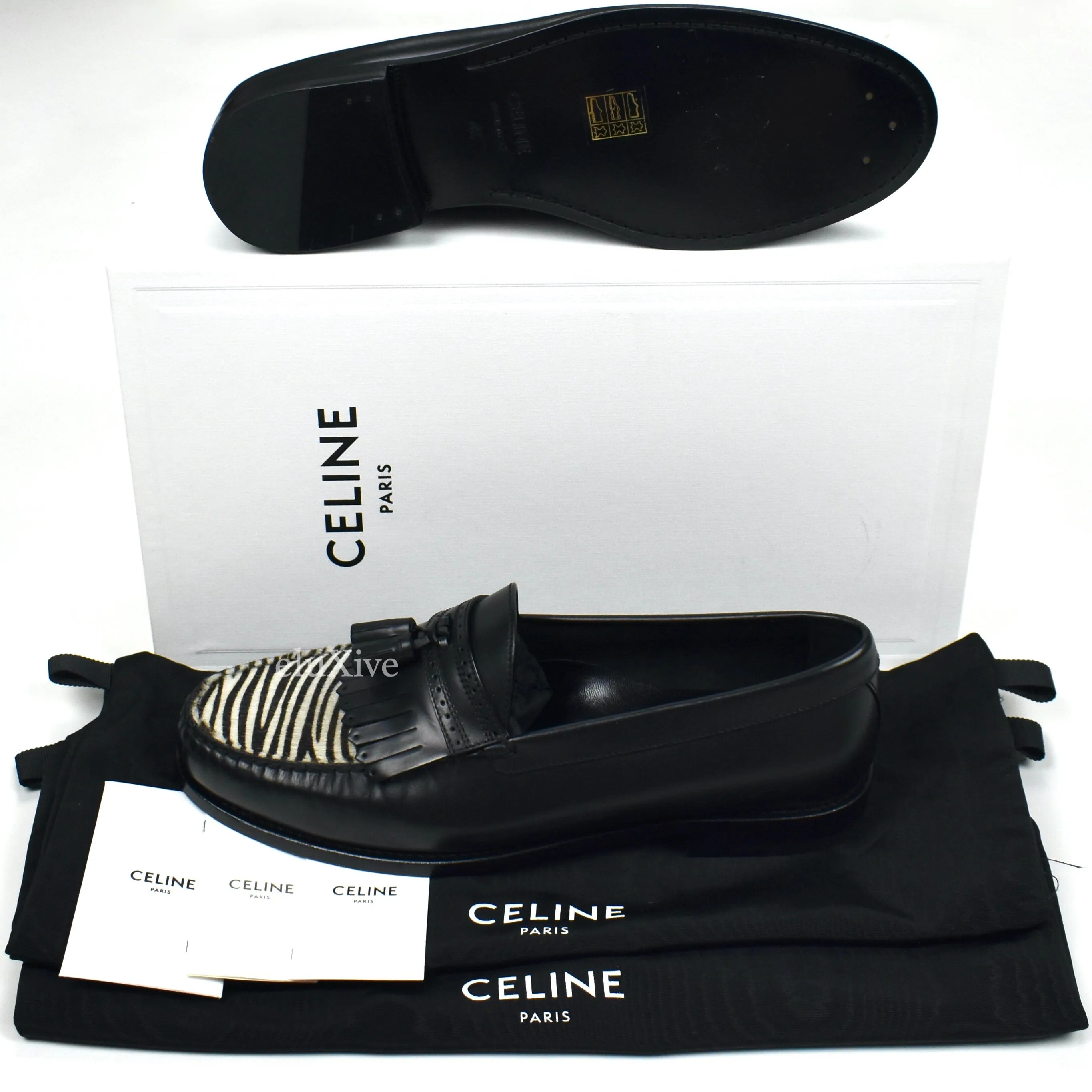 Celine - Black Leather Zebra Toe Tassel Loafers High End Slippers
