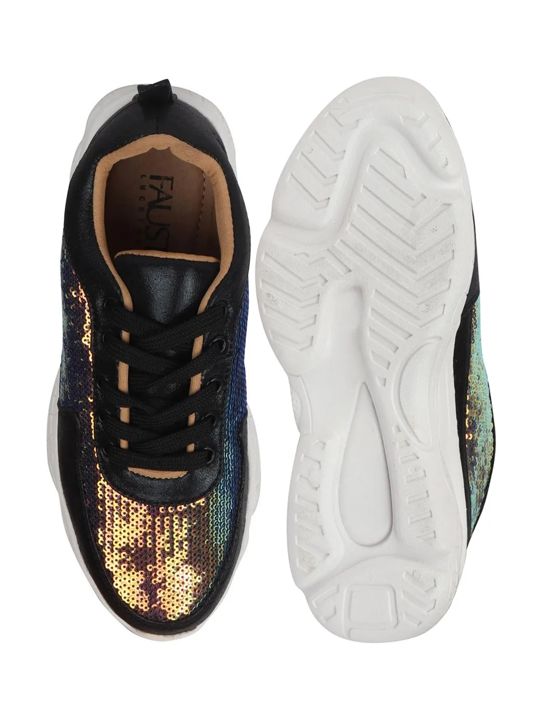 Women Black Stylish Lace Up Embellished Sneakers Gold Sneakers