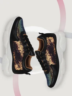 Modern Tennis Sneakers Women Black Stylish Lace Up Embellished Sneakers