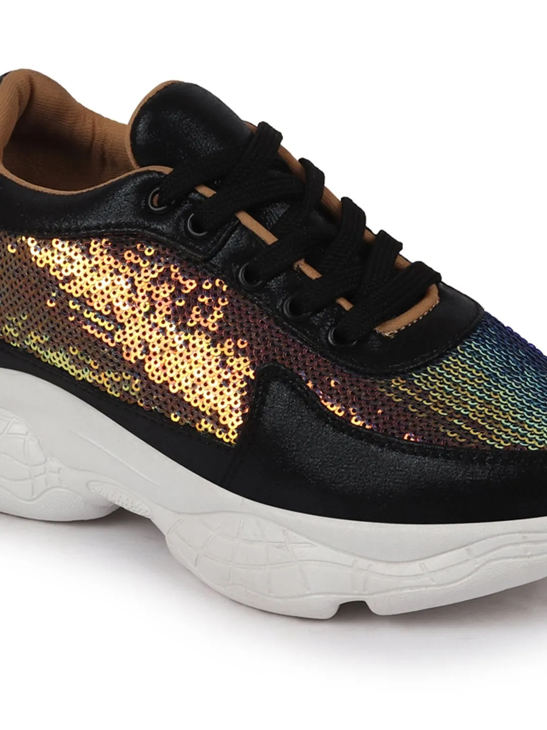 Women Black Stylish Lace Up Embellished Sneakers Composite Toe Sneakers