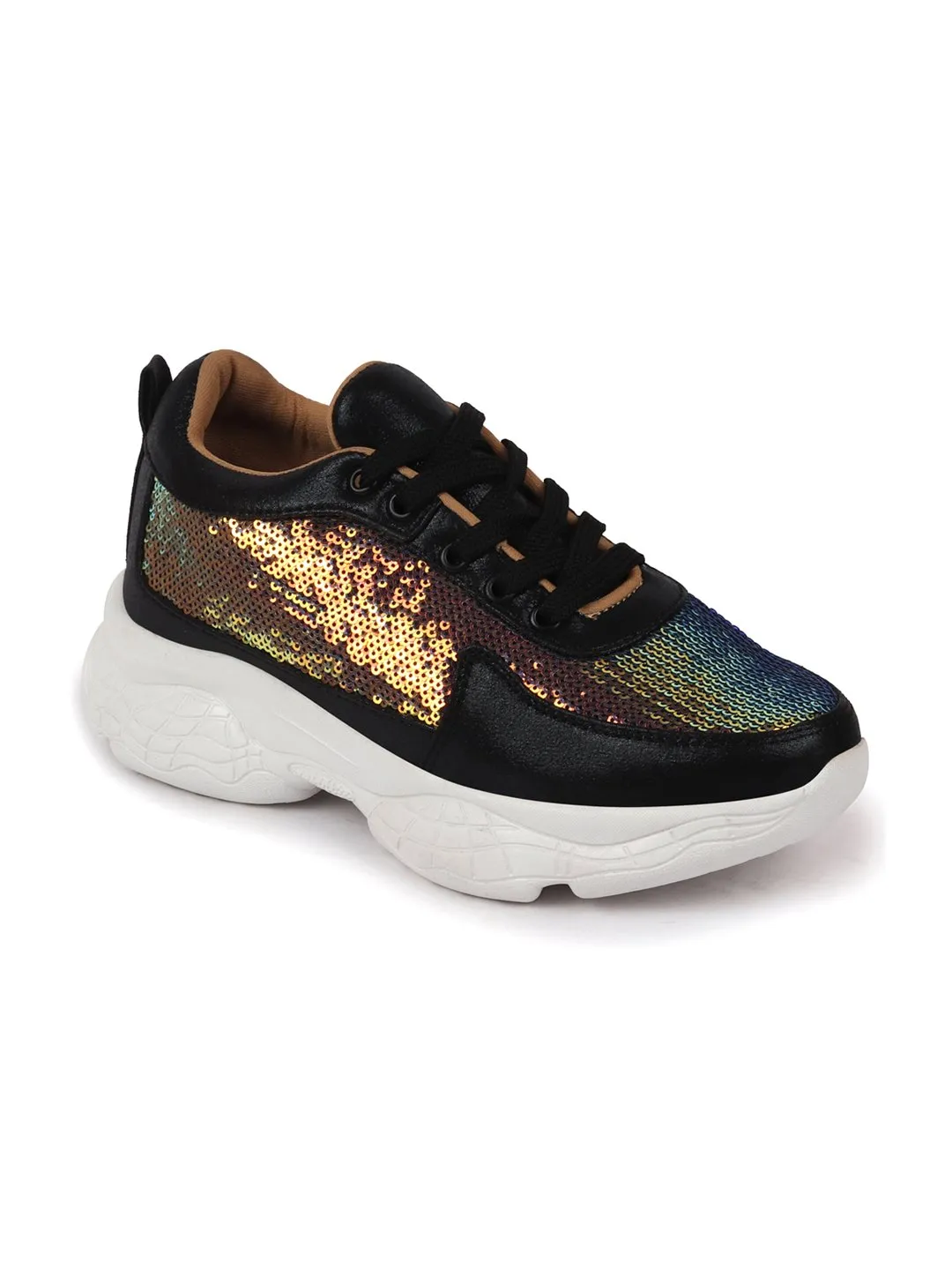 Women Black Stylish Lace Up Embellished Sneakers Saddle Shoe Sneakers