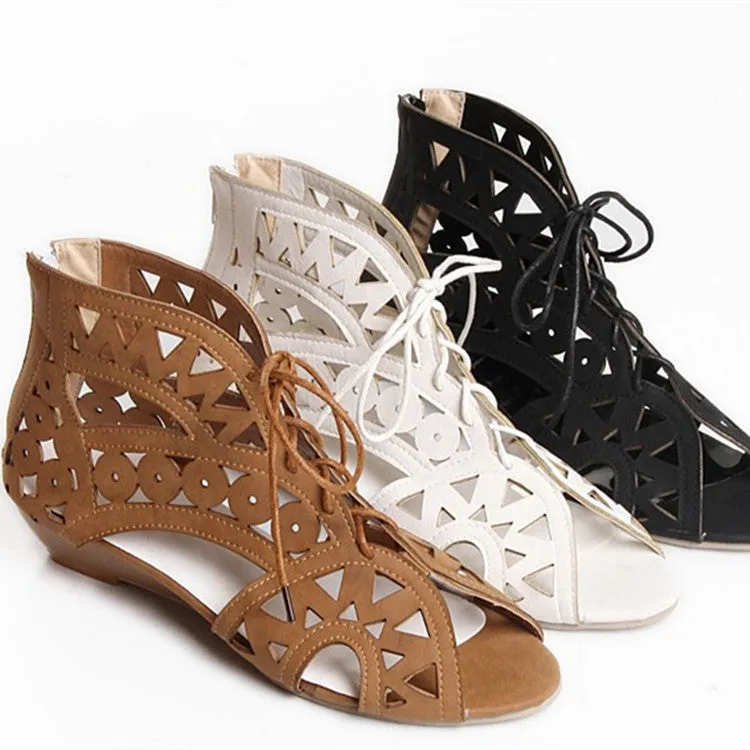 Women Peep Toe Lace Up Flat Sandals Shoes 1552 Fold Away Flat Shoes
