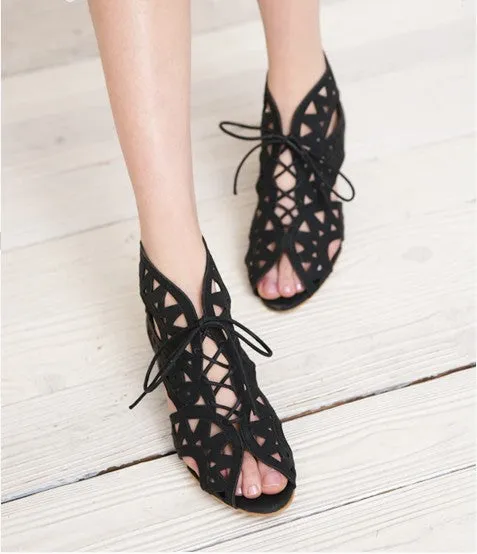 Women Peep Toe Lace Up Flat Sandals Shoes 1552 Running Shoes Feet