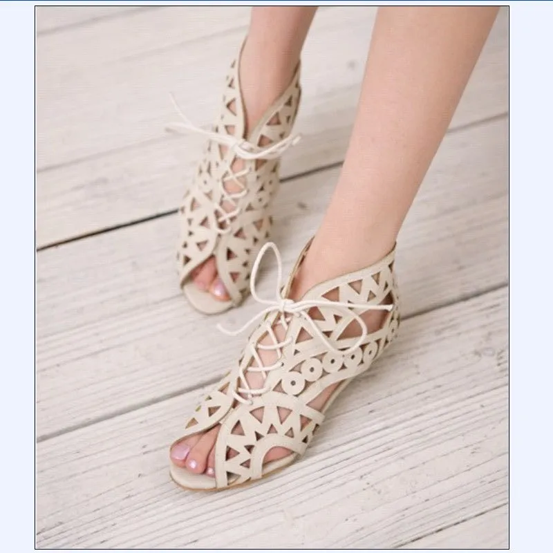Women Peep Toe Lace Up Flat Sandals Shoes 1552 Shoe Pads For Flats