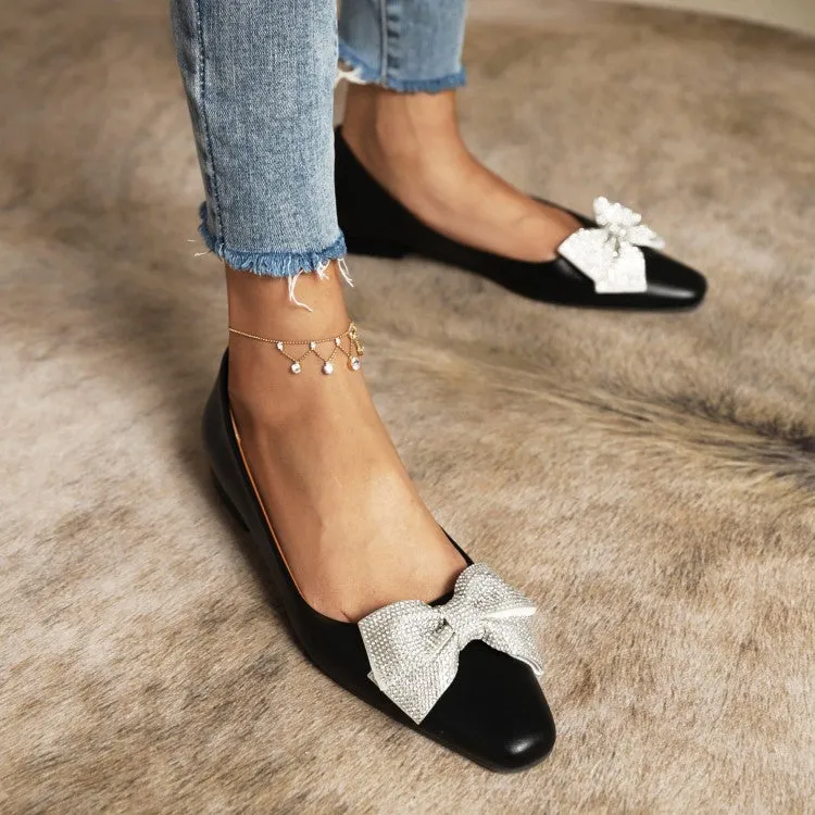 Fold Up Flat Shoes Women's Candy Color Square Toe Rhinestone Butterfly Knot Slip on Flats Shoes