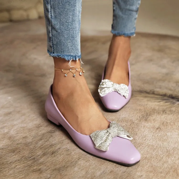 Women's Candy Color Square Toe Rhinestone Butterfly Knot Slip on Flats Shoes Football Shoes Flats
