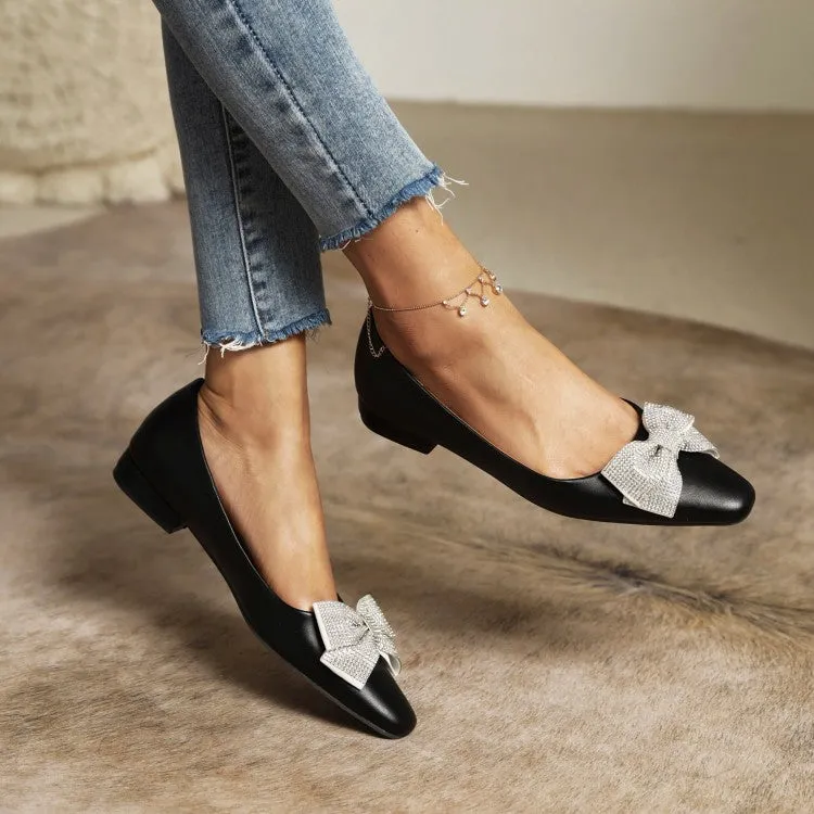 Comfortable Shoes To Wear With Dresses Women's Candy Color Square Toe Rhinestone Butterfly Knot Slip on Flats Shoes