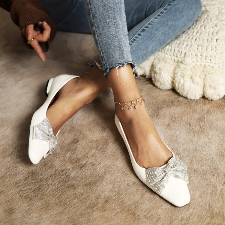 Maternity Flat Shoes Women's Candy Color Square Toe Rhinestone Butterfly Knot Slip on Flats Shoes