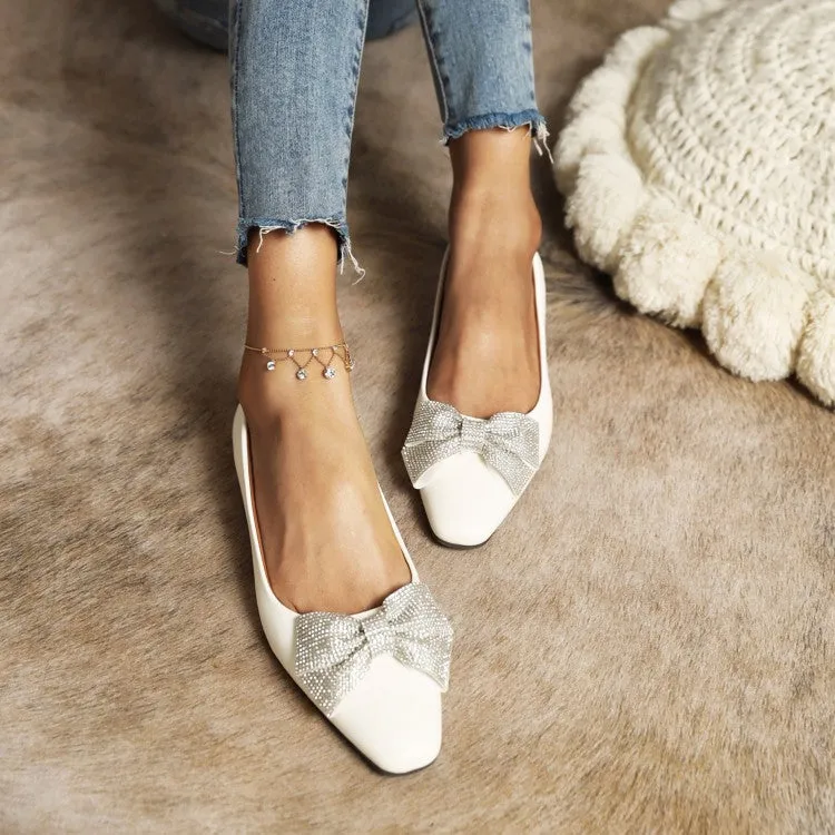 Pointed Toe Shoes Flats Women's Candy Color Square Toe Rhinestone Butterfly Knot Slip on Flats Shoes