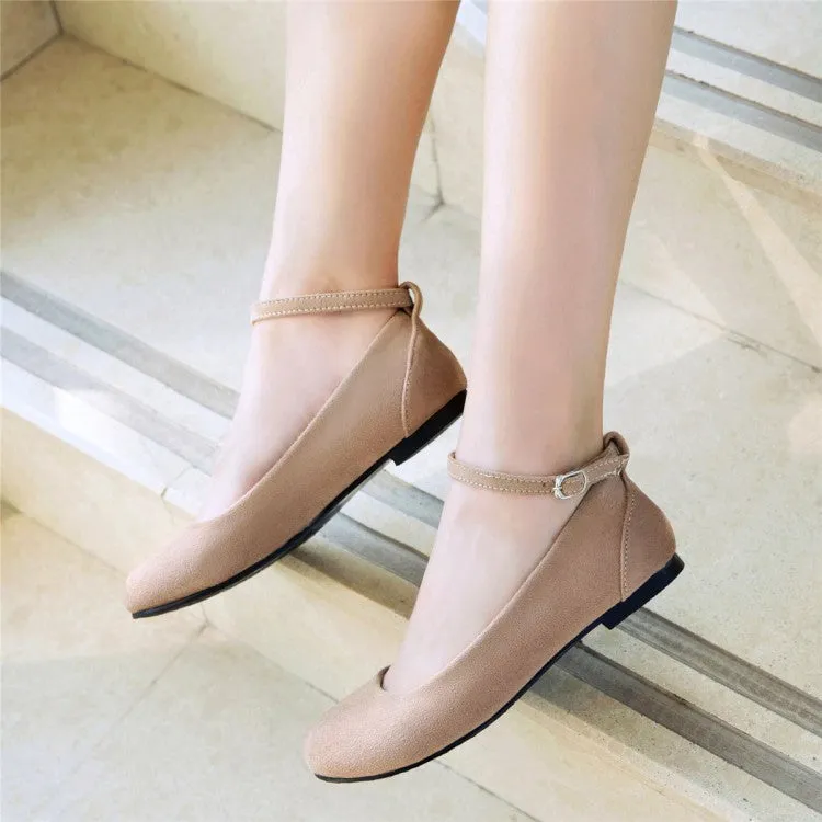 Women's Flock Round Toe Shallow Ankle Strap Flats Shoes Flat Shoe Vending Machine