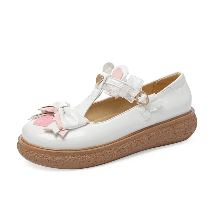 Women's Lolita Bowties Love Hearts T Strap Flats Shoes Flat Dressy Shoes