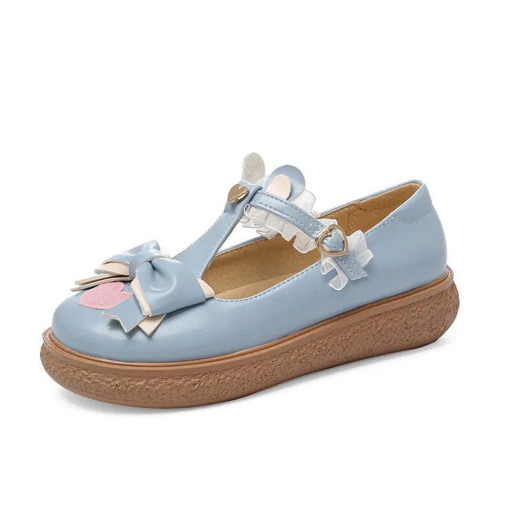 Women's Lolita Bowties Love Hearts T Strap Flats Shoes Flat Shoes With Toe Box