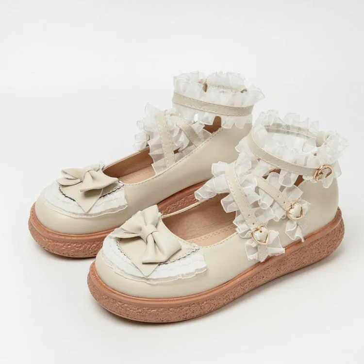 T Bar Shoes Flat Women's Lolita Lace Bowties Knot Cross Strap Flats Shoes