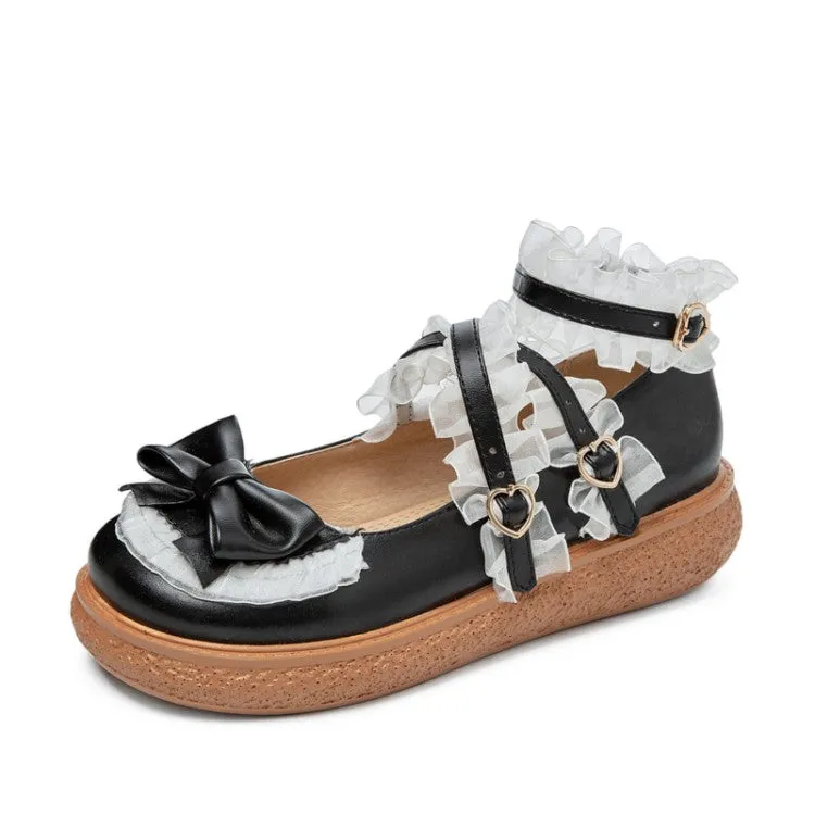 Women's Lolita Lace Bowties Knot Cross Strap Flats Shoes Best Tennis Shoes For Flat Narrow Feet