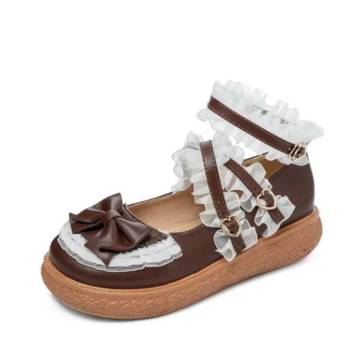 Women's Lolita Lace Bowties Knot Cross Strap Flats Shoes Flat Foot Hiking Shoes