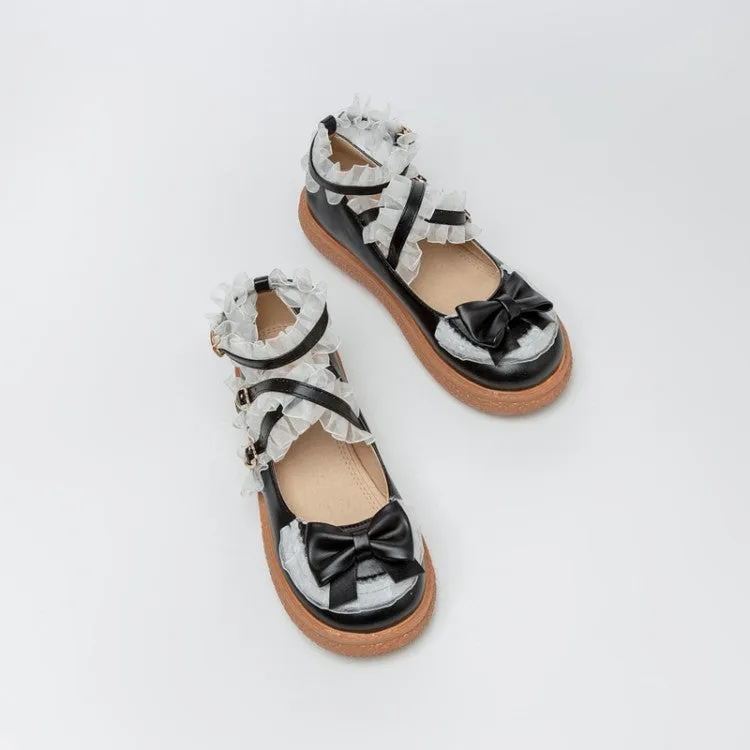 Women's Lolita Lace Bowties Knot Cross Strap Flats Shoes Best Workout Shoes