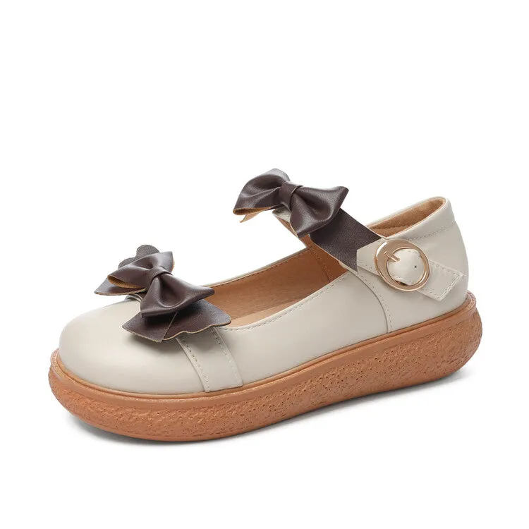 Women's Lolita Round Toe Bowtie Mary Janes Shoes Stiff Flat Pedal Shoes