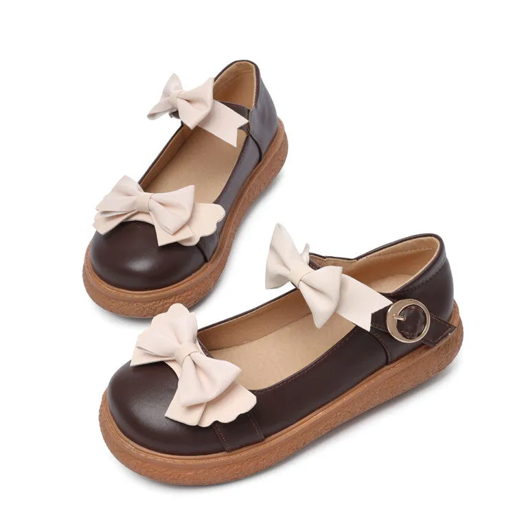 Print Flat Shoes Women's Lolita Round Toe Bowtie Mary Janes Shoes