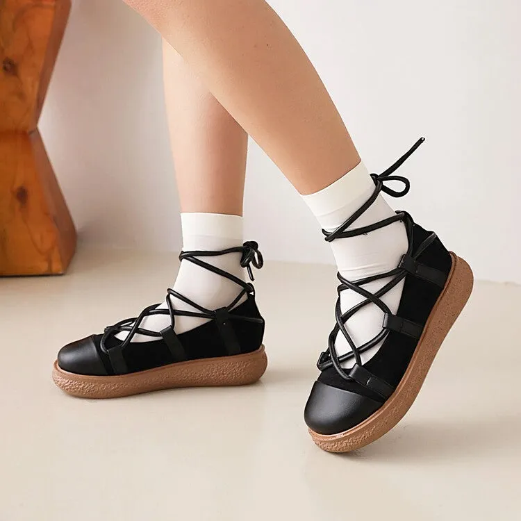 Golf Shoes For Flat Feet Women's Round Toe Cross Tied Strap Platform Flat Many Jane Shoes