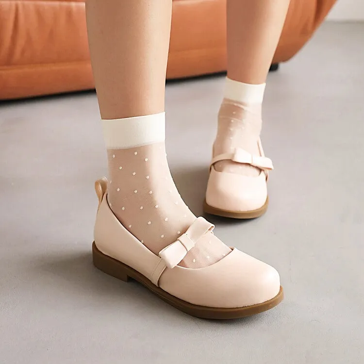 Women's Solid Color Round Toe Butterfly Knot Ankle Strap Platform Flat Many Jane Shoes Sensible Flat Shoes