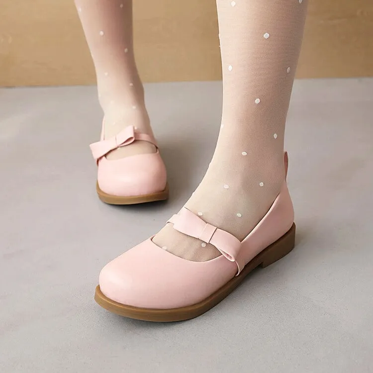 Women's Solid Color Round Toe Butterfly Knot Ankle Strap Platform Flat Many Jane Shoes Cloth Flats Shoes