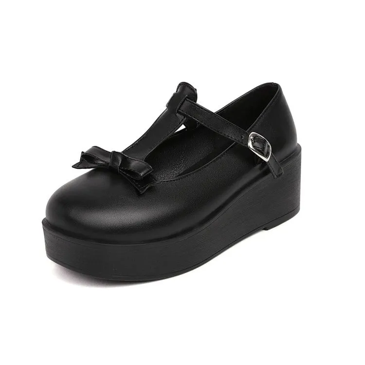 Women's T Strap Bowtie Mary Jane Platform Flats Shoes Porn Flats Shoes