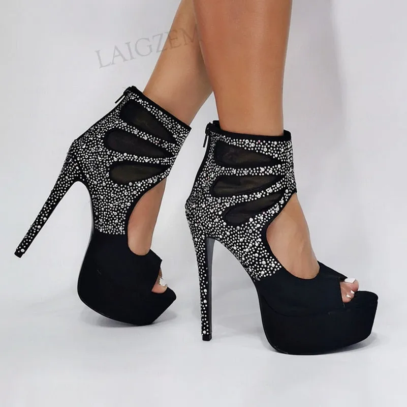 Platform Pumps Peep Toe High Heels Faux Suede Zip Up Studded Sandals 11  Waterproof Shoe Box