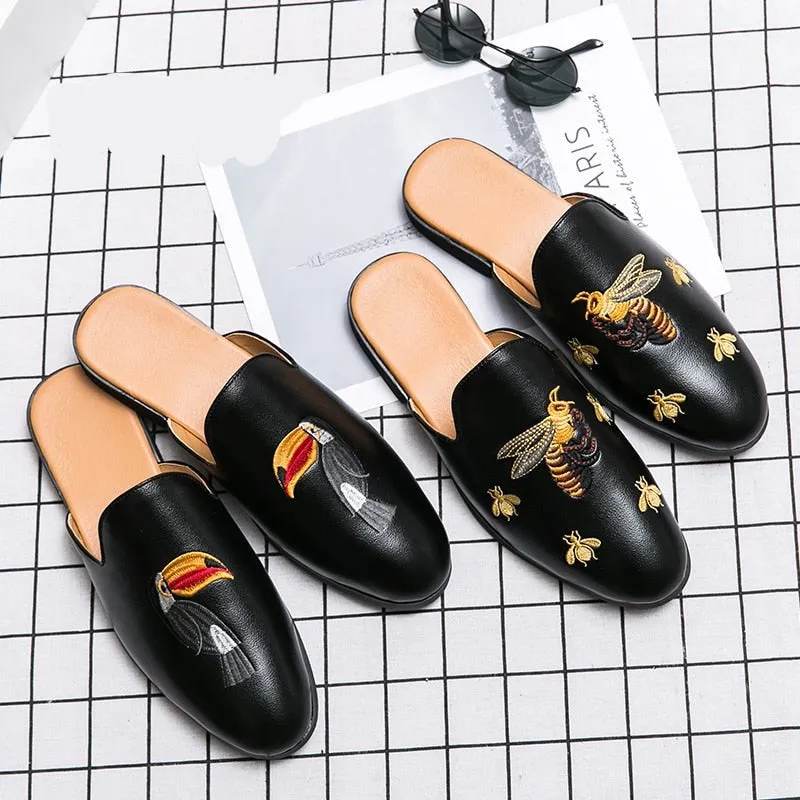 Black And Gold Slide Sandals New Arrival Brand Designer Mens Casual Bee Bird Leather Business Italian Men Half Shoes Drop Ship Muls Man White Slides Slippers