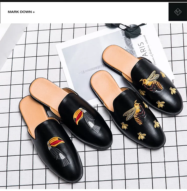 New Arrival Brand Designer Mens Casual Bee Bird Leather Business Italian Men Half Shoes Drop Ship Muls Man White Slides Slippers Knitted Sock Slippers Pattern