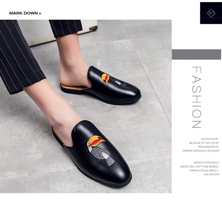 New Arrival Brand Designer Mens Casual Bee Bird Leather Business Italian Men Half Shoes Drop Ship Muls Man White Slides Slippers Sequin Slippers