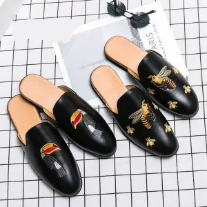 New Arrival Brand Designer Mens Casual Bee Bird Leather Business Italian Men Half Shoes Drop Ship Muls Man White Slides Slippers Ugg Boucle Slippers