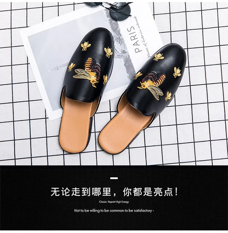 Discoquette Slide Slippers New Arrival Brand Designer Mens Casual Bee Bird Leather Business Italian Men Half Shoes Drop Ship Muls Man White Slides Slippers