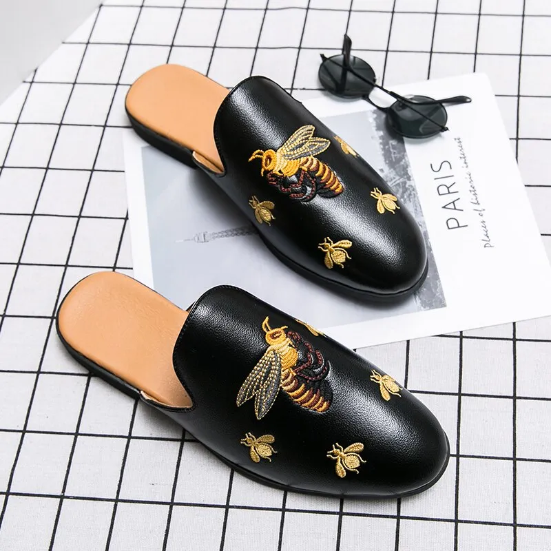 Showy Slippers New Arrival Brand Designer Mens Casual Bee Bird Leather Business Italian Men Half Shoes Drop Ship Muls Man White Slides Slippers